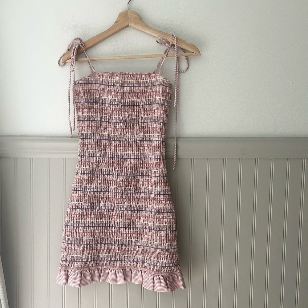 Storia Small Pink Textured Smocked Bodice Mini Dress Gingham Striped